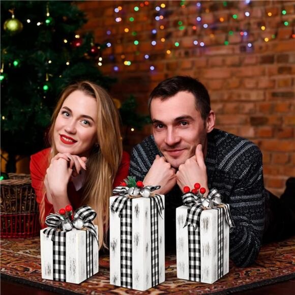 3 Pcs Christmas Wooden Gifts Box Christmas Plaid Presents Table Centerpieces - Picture 6 of 7